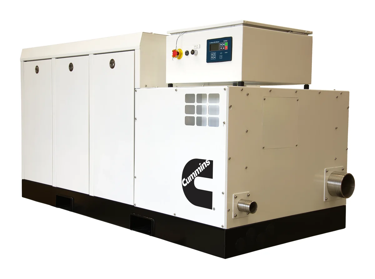 An Onan C-Power QSB7 marine generator in its enclosure
